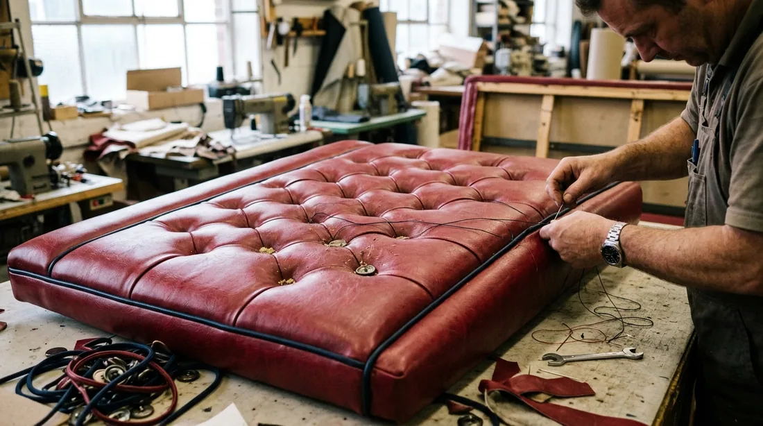 Channel stitching, buttoned tufting, and contrast welt cords all get rebuilt to match — Cedar Rapids, IA