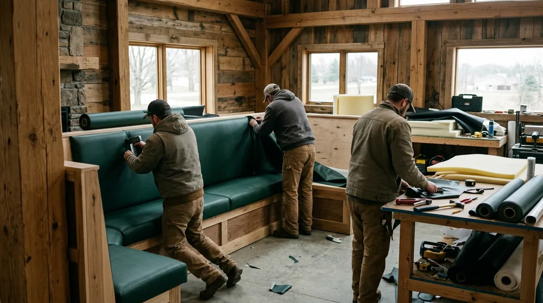 A small professional crew working on a booth upholstery job at a property, seen from behind and at — Cedar Rapids, IA